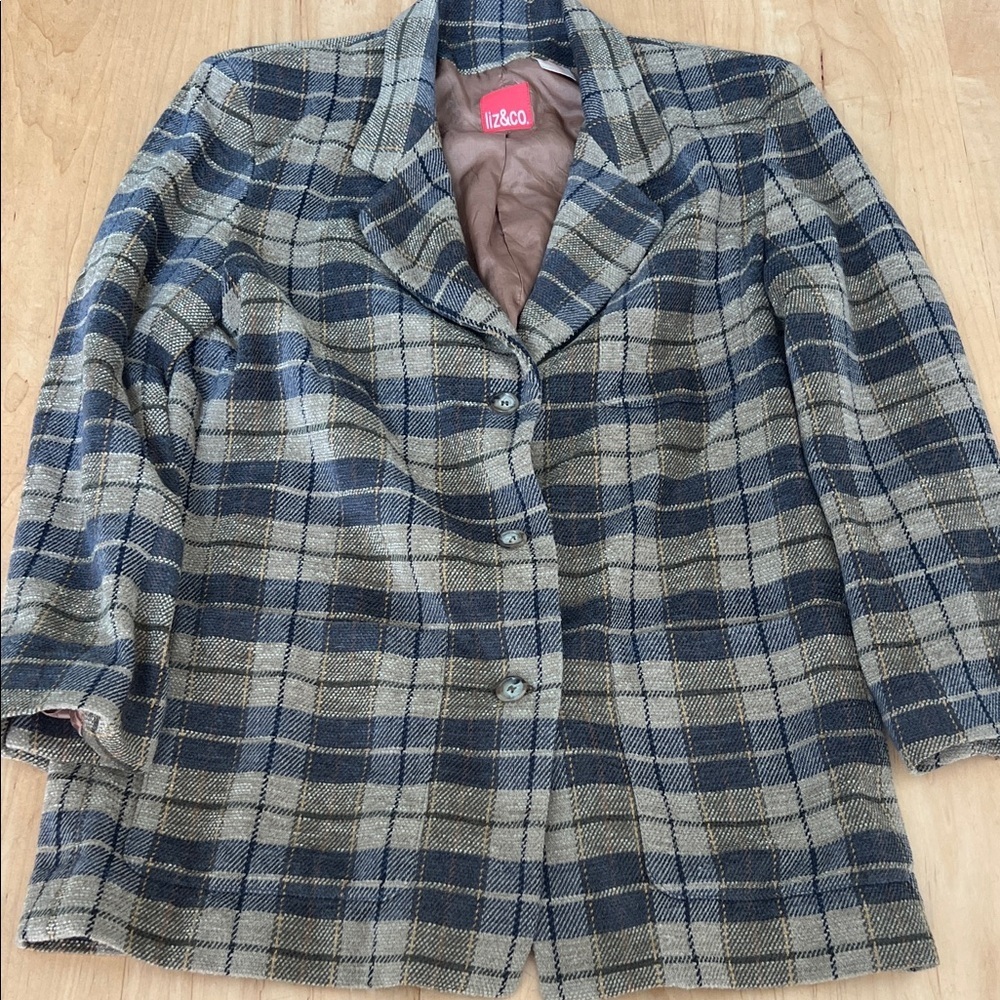 liz & co. Blue and Gray Plaid Blazer Jacket